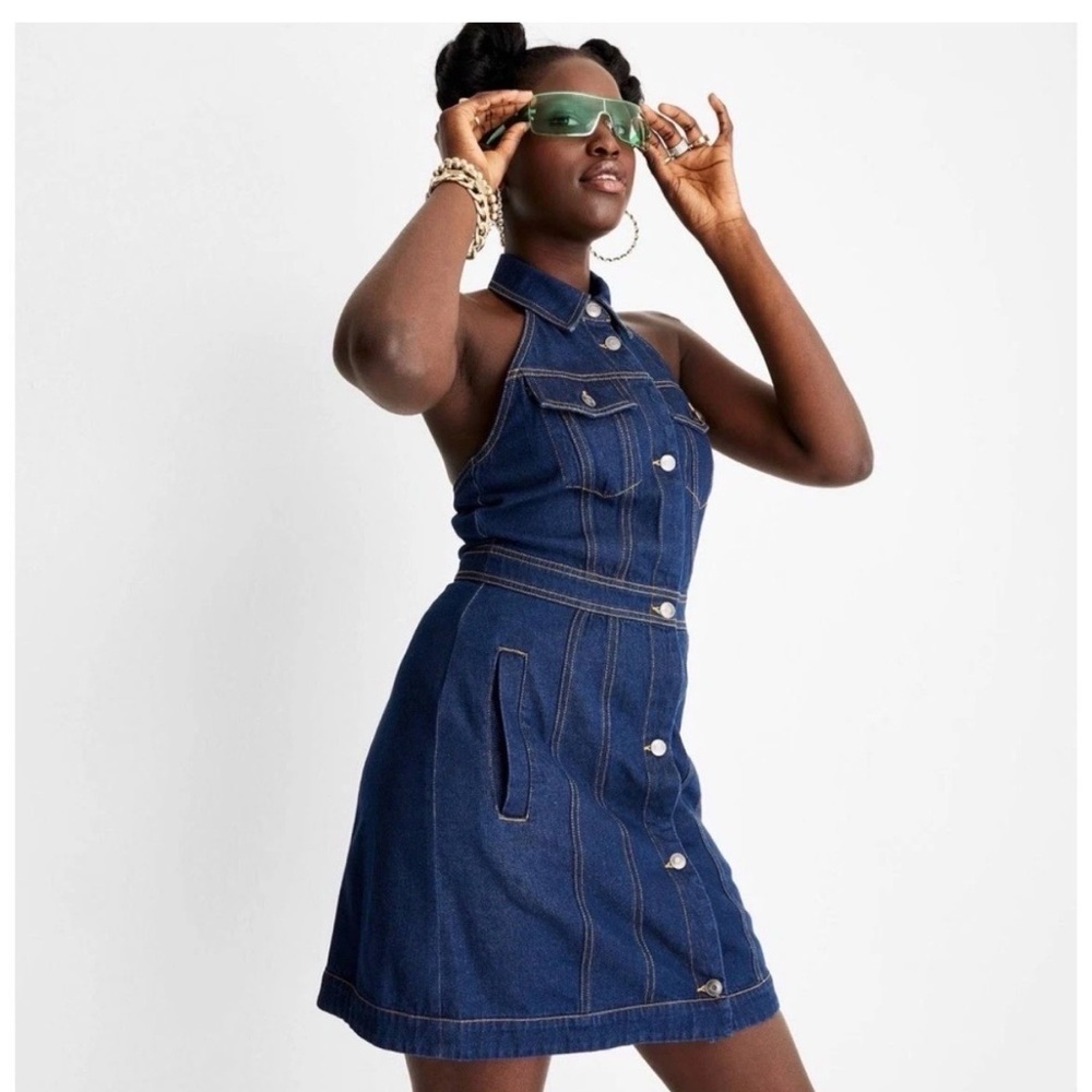 Future Collective Denim Halter Button-Front Dress - Dark Blue size 8 - Picture 8 of 8